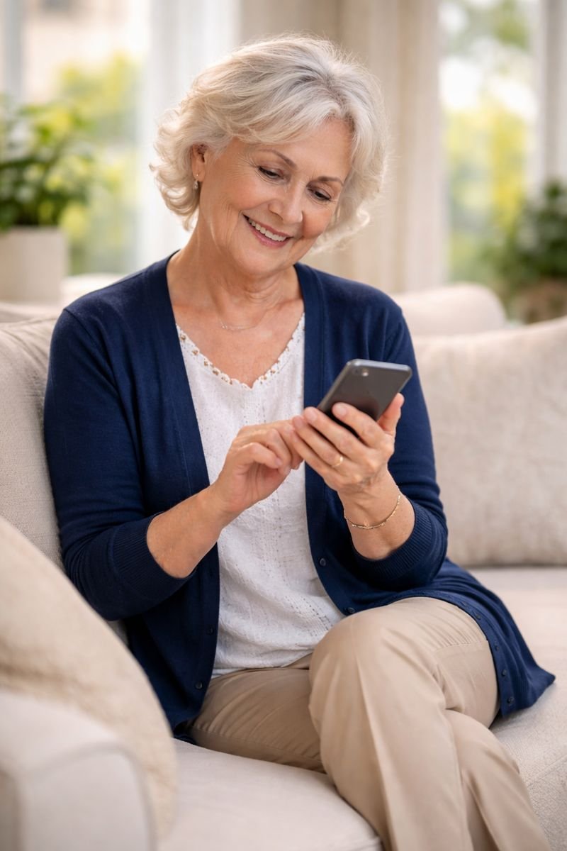 אישה מבוגרת מחייכת בזמן שימוש בסמארטפון בבית